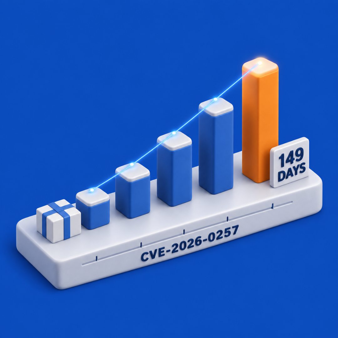 3D bar chart showing the exposure window for CVE-2026-0257 growing to 149 days since Palo Alto released the patch