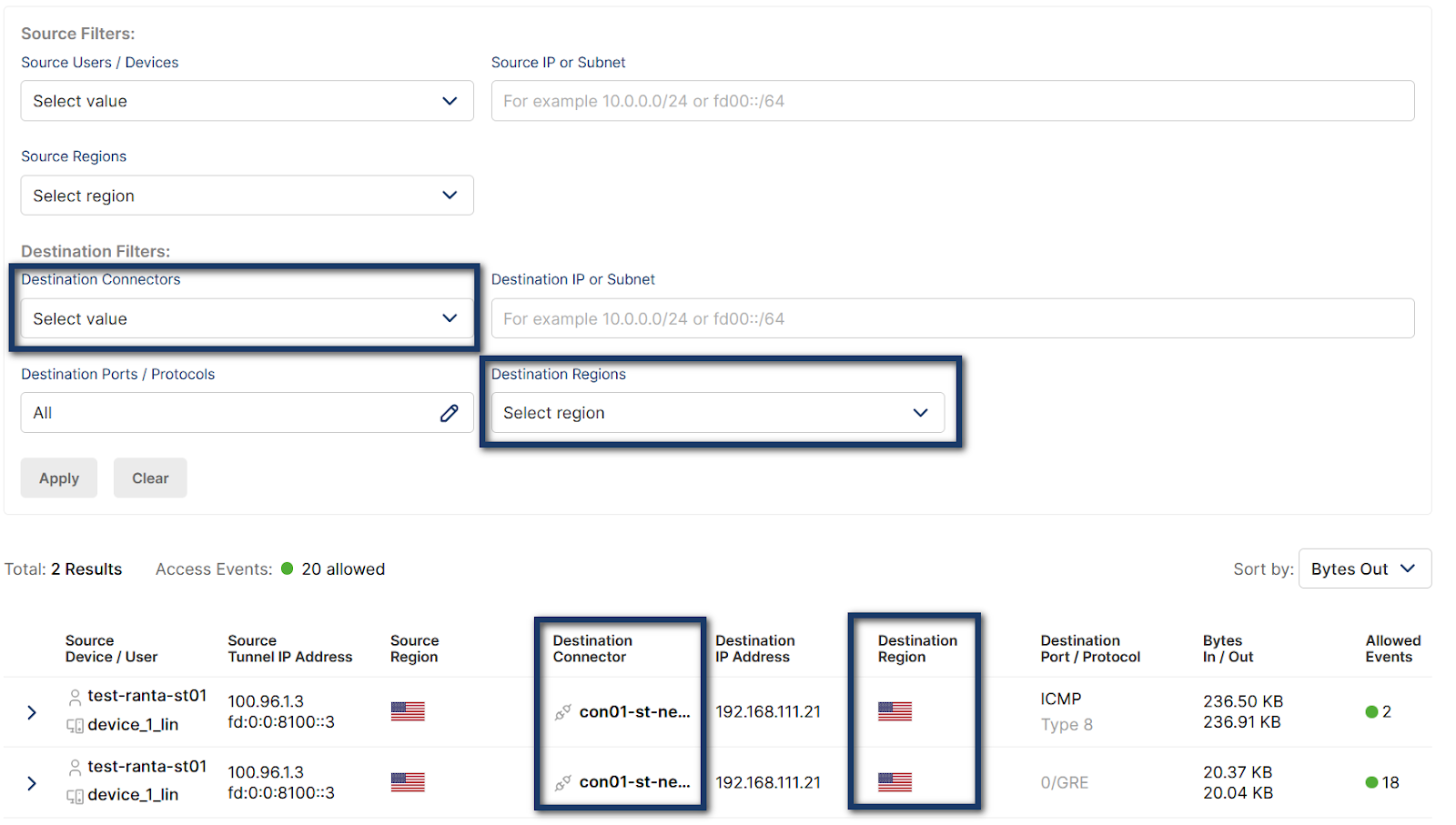 Screenshot of Access Visibility destination filters data 
