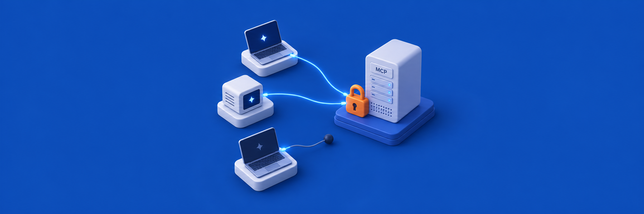 three computer devices attempting to connect to an MCP server with a lock blocking on a blue background