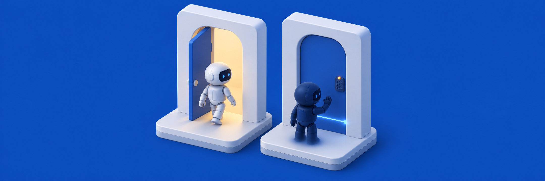 a shadowy robot standing at a door next to a regular robot with an open door. openvpn